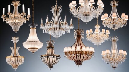 Elegant chandeliers with intricate designs and crystal details display