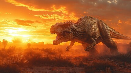 Fototapeta premium A Tyrannosaurus Rex Roaring at Sunset in a Desolate Landscape