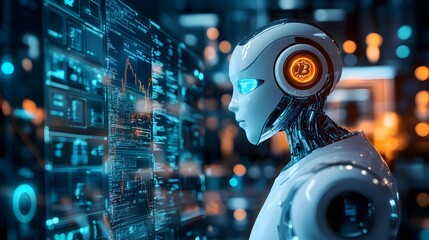A robot equipped with advanced analytics tools, analyzing intricate crypto blockchains for potential investment opportunities, symbolizing the role of AI in decentralized markets 