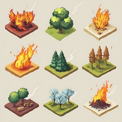 Set of 9 isometric icons of fire, tree, and smoke for game design