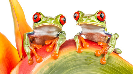 two red-eyed tree frogs sitting on a heliconia flower isolated on white background, flat design,...