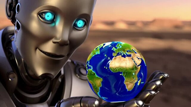 earth in hand, curious android holding a planet in its hand and studying it intently