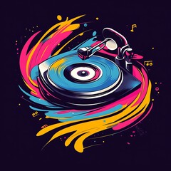 A colorful illustration of a vintage record player with a blue vinyl record.