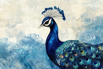 artistic peacock illustration showcasing intricate patterns, an innovative banner for a wildlife art exhibition
