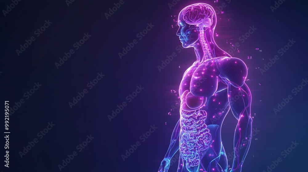 Poster a digital rendering of a human body with visible internal organs