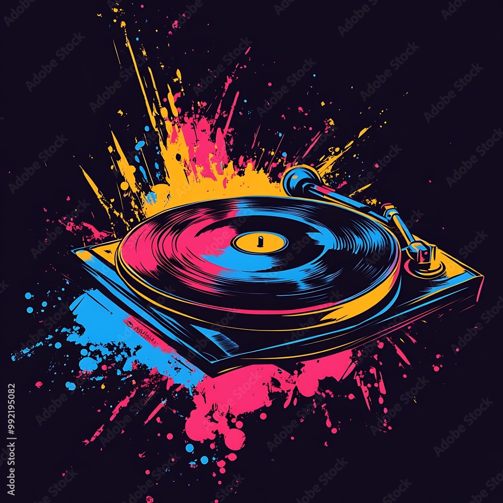 Poster a retro-style illustration of a turntable with colorful paint splatters.