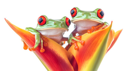 two red-eyed tree frogs sitting on a heliconia flower isolated on white background, flat design,...