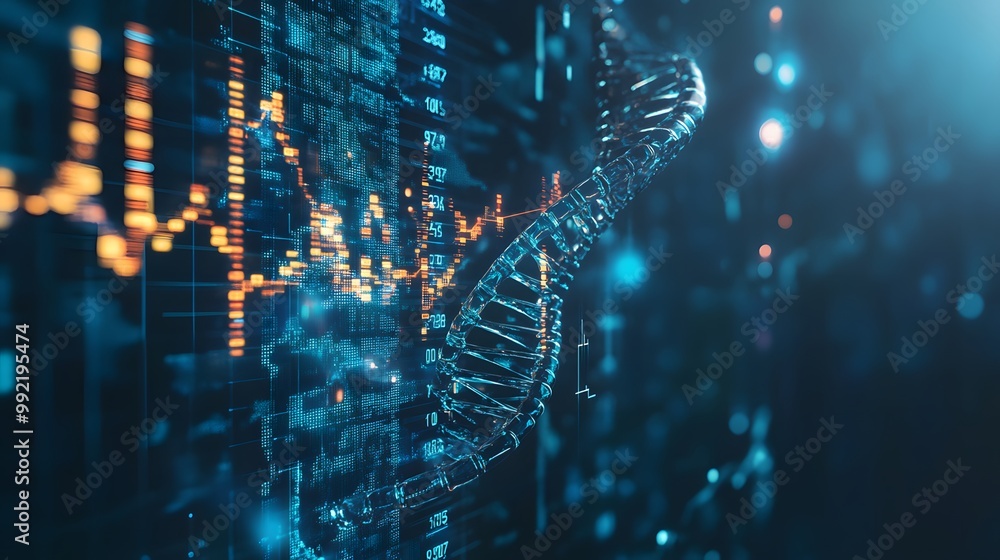 Poster a 3d rendering of a dna helix against a digital background of data and numbers