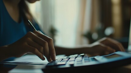 Fototapeta premium Woman accountant using calculator for accounting and taxes