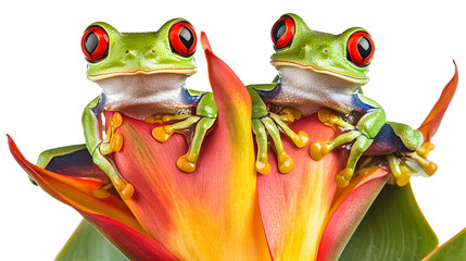 two red-eyed tree frogs sitting on a heliconia flower isolated on white background, flat design,...