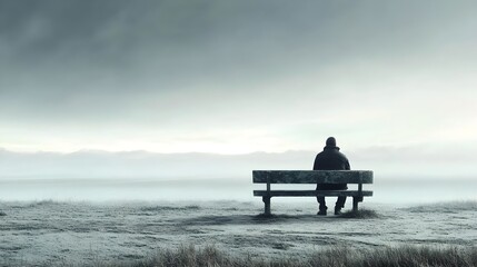 A solitary figure sits on a weathered bench, gazing out at a barren, desolate landscape, embodying loneliness and deep contemplation of life's emptiness 