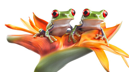 two red-eyed tree frogs sitting on a heliconia flower isolated on white background, flat design,...