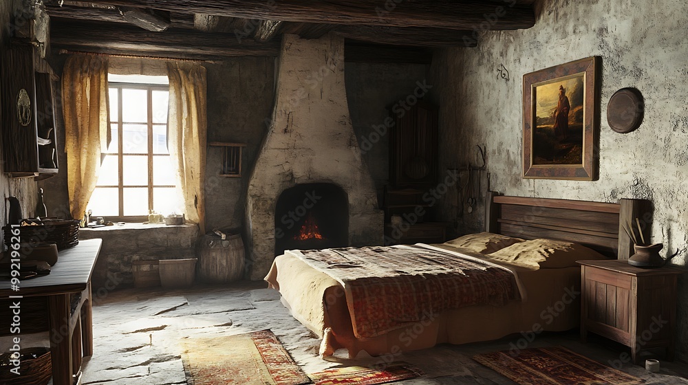 Canvas Prints Cozy rustic bedroom with fireplace and wooden beams, country home interior