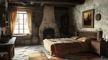 Cozy rustic bedroom with fireplace and wooden beams, country home interior © atar