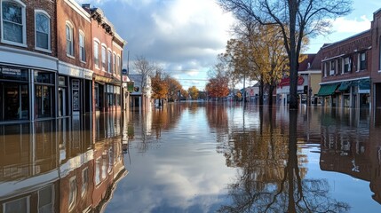 Fototapeta premium A flooded downtown street with businesses and shops partially underwater, reflections of storefronts glistening in the water.