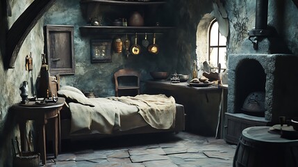 Medieval bedroom interior design with rustic wooden bed, stone floor, fireplace and window © atar