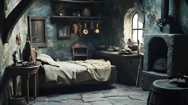 Medieval bedroom interior design with rustic wooden bed, stone floor, fireplace and window
