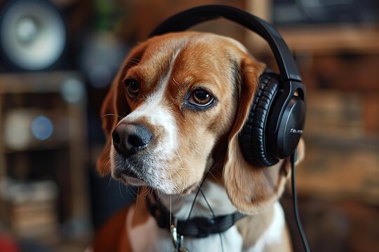 The Beagle wearing headphones listening to music
