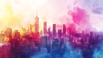 A striking watercolor depiction of a vibrant urban landscape image