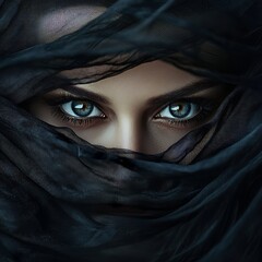 Naklejka premium Beautiful Witch Eyes with Flowing Black Fabric in Motion