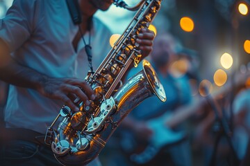 Obraz premium Musician playing saxophone on blurred background. Man with friends blow saxophone with the band for performance. Music instrument played by saxophonist player musician in festival. Selective focus