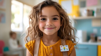 A young child proudly displaying their vaccination sticker while sitting in a colorful, welcoming clinic with friendly staff and a playful atmosphere
