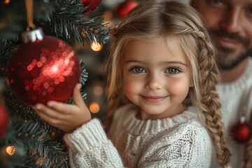 Portrait of a cute little girl decorating Christmas tree at home