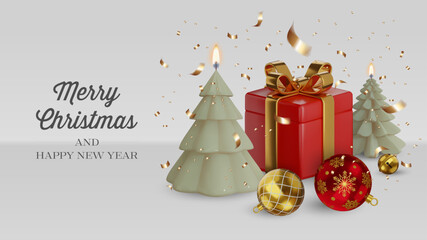 christmas card with realistic gift box, candles and balls. merry christmas background  with 3d decorations