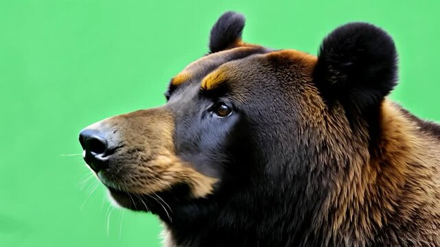 This bear appears calm as it gazes to the right, highlighting its unique fur texture and gentle features against a vivid green backdrop