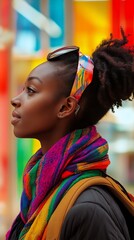 Obraz premium Portrait of a young black woman with sunglasses and colorful scarf, looking to the side