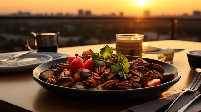 Jujube fruit salad spinach grilled chicken walnut served sleek ceramic bowl modern rooftop caf sunset city skyline softly blurred behind promoting balanced nutritious meal Scientific name Ziziphus