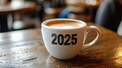 Obraz premium close up of cup of coffee on table with text 2025