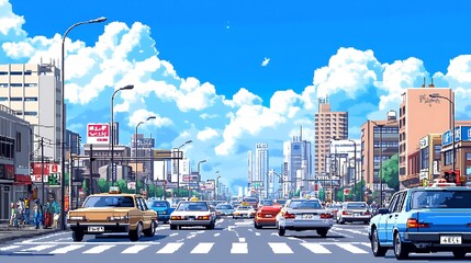Pixel Art Cityscape with Blue Sky and Cars on Street