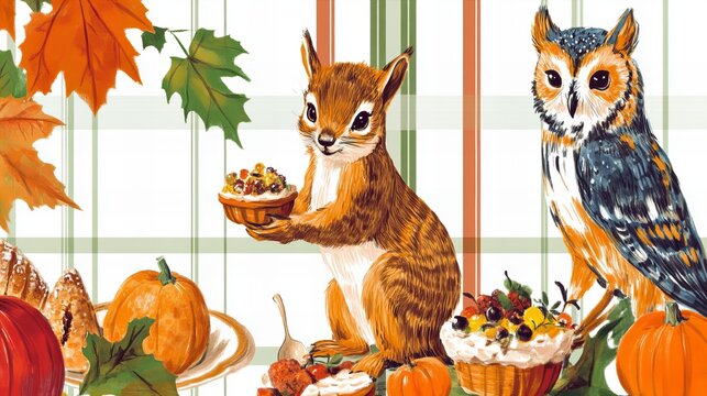 A cute squirrel and a wise owl enjoy a fall feast.