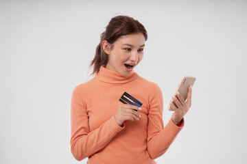 Naklejka premium Portrait woman using smartphone for online shopping at home. stay home, technology, electronic commerce, internet, market place, final or summer or big sale, payment, discount for credit, offer
