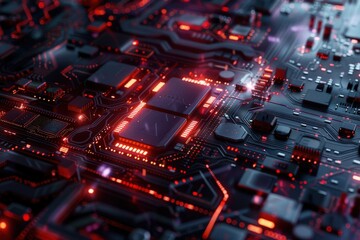 Fototapeta premium A close up of a computer chip with a bright orange glow, generative ai image