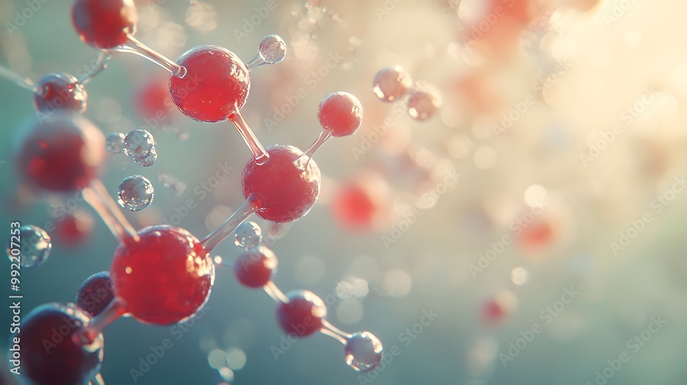 Poster a close-up view of a molecular structure with red spheres connected by thin clear rods against a blu