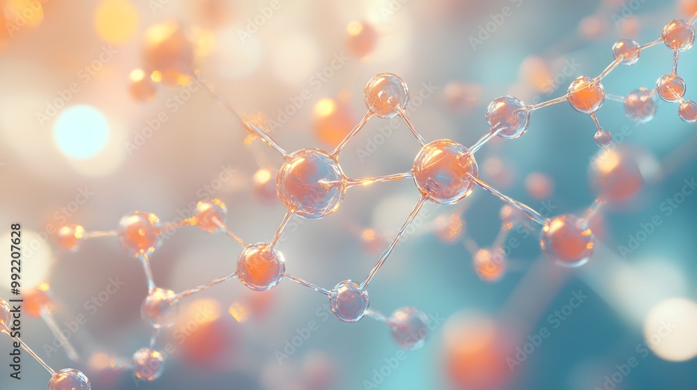 Poster a close-up of a complex molecule structure with interconnected spheres, showcasing an abstract repre