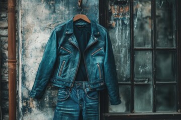 Fototapeta premium mockup banner showcasing urban wear leather jacket and ripped jeans hanging on a hook, epitomizing stylish casual fashion