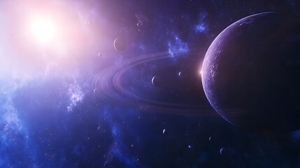 Obraz premium Planet with Rings in a Cosmic Cloud