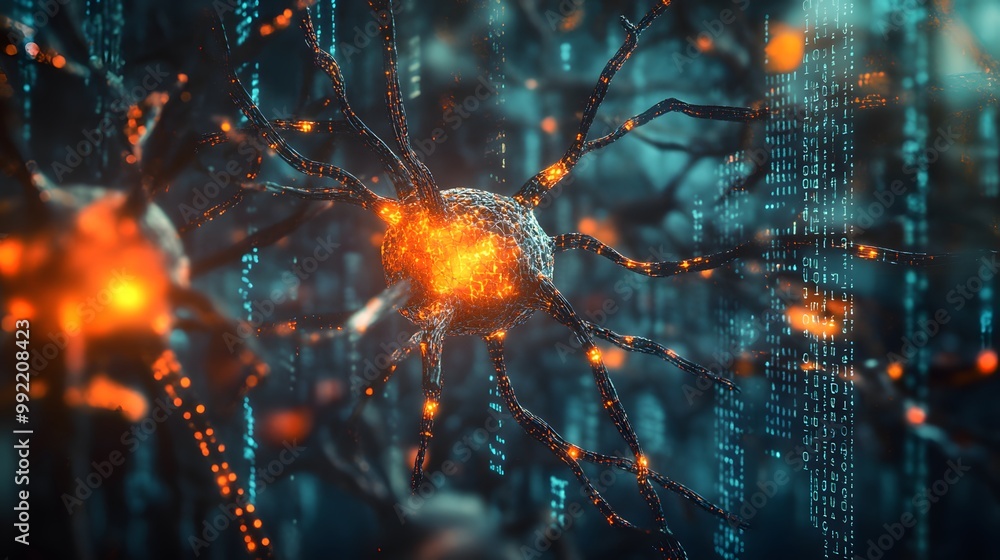 Poster glowing neuron with intricate branching network in abstract digital space