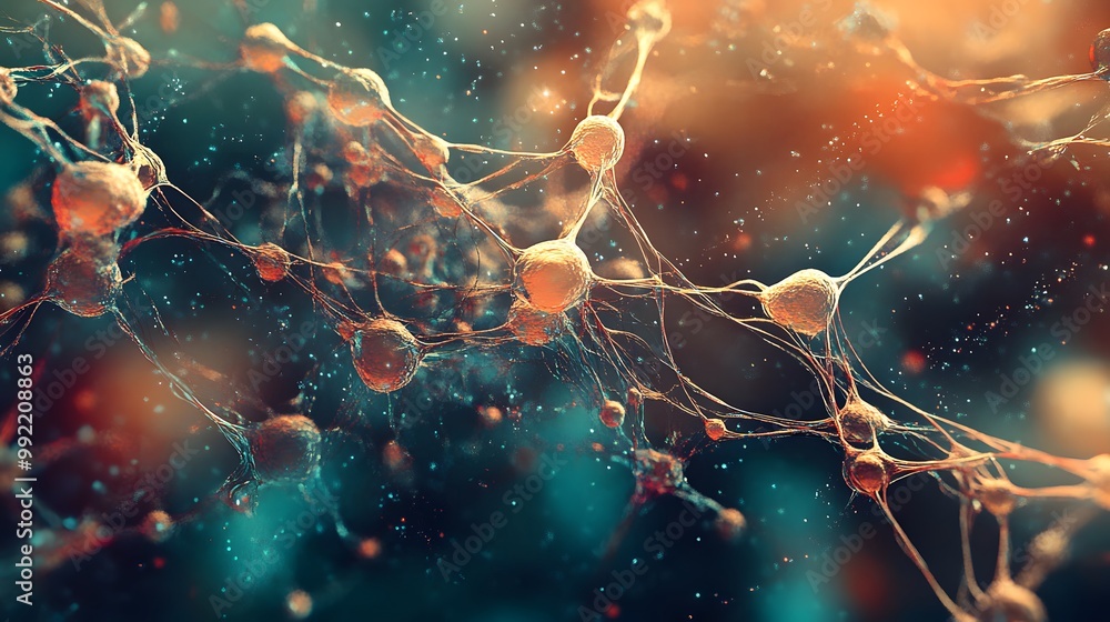 Poster microscopic view of interconnected neurons with a blurred background