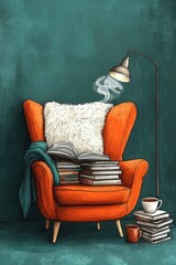 cozy reading nook, charming doodle of a comfy reading nook with an armchair, books, lamp, and tea, ideal for a cozy home escape