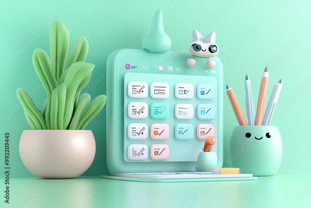 Poster a 3d model of a productivity app, showing task lists, deadlines, and project progress in a visually 
