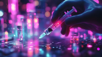 A glowing holographic syringe in the hands of a healthcare worker vaccinating a first responder, bright medical lab, vivid neon purple and teal lights, cyberpunk, digital illustration