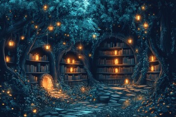 Obraz premium a whimsical forest library with vine-grown books and acorn lanterns in a surreal doodle illustration, a creative concept banner of wilderness