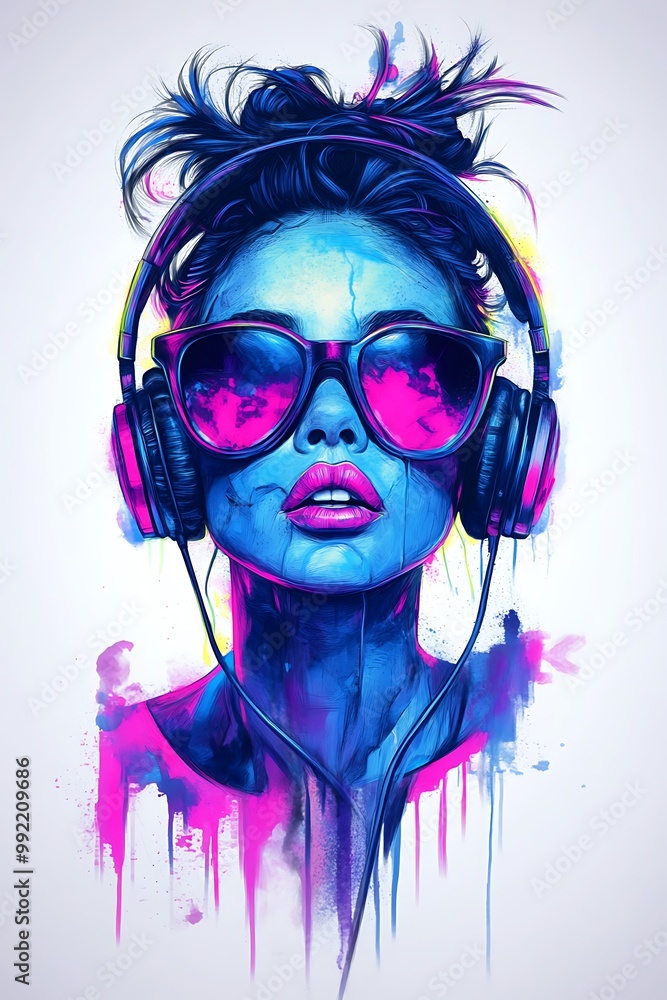 Sticker Colorful Digital Illustration of a Woman with Headphones and Sunglasses