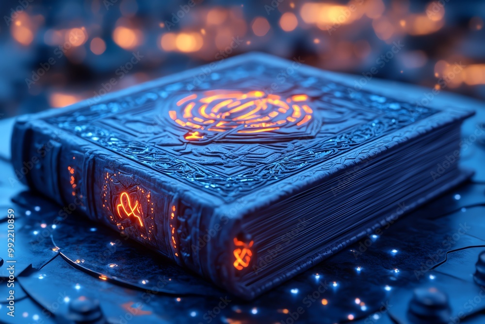 Poster a 3d model of an ancient, mystical book, with glowing runes on the cover and pages that turn themsel
