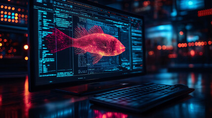 Obraz premium Digital Fish on Computer Screen with Code and Keyboard