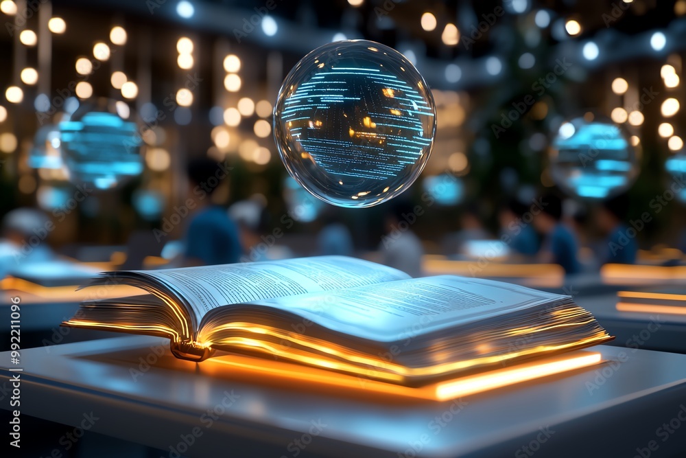 Aufkleber A 3D-animated classroom with digital textbooks floating in mid-air, where students use virtual tools to interact with the learning materials
